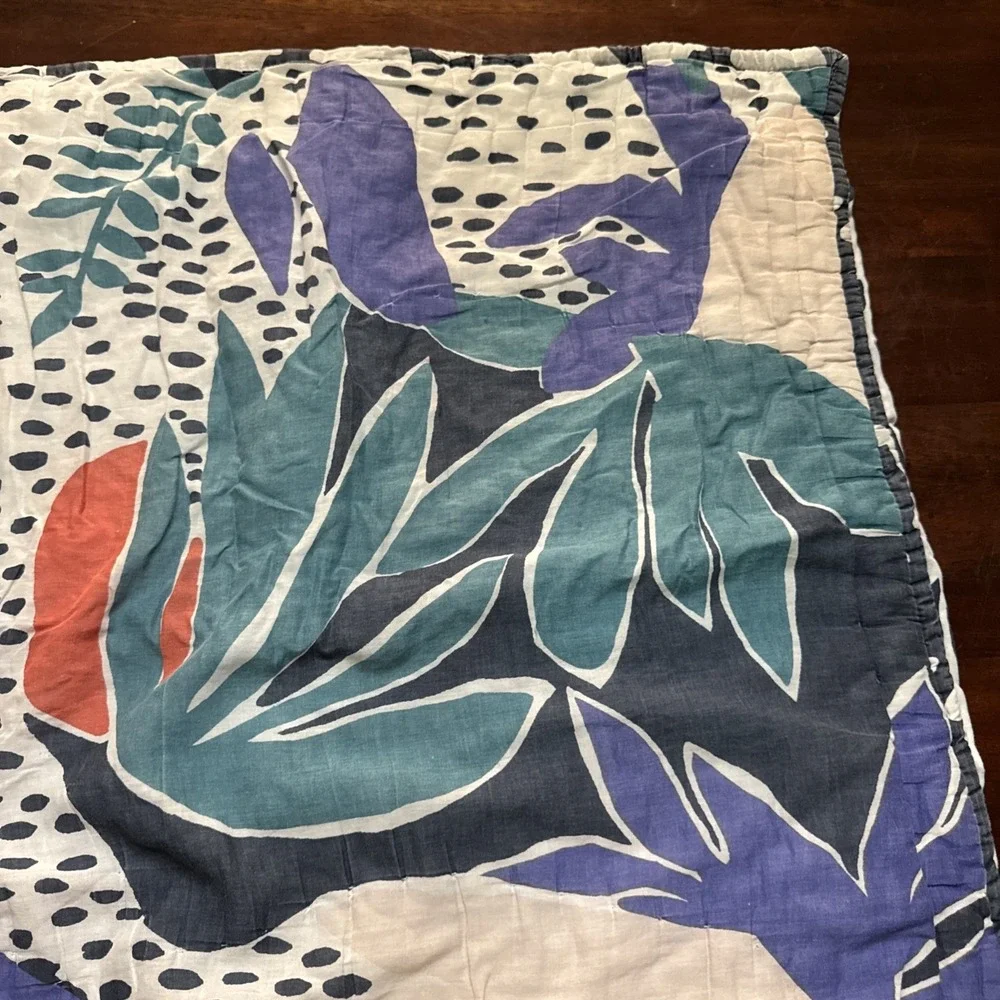 Anthropologie Pillow Sham EURO Quilted Melbourne Tropical Print Blue AS IS